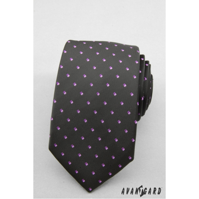 Черна тясна вратовръзка с лилави квадратчета