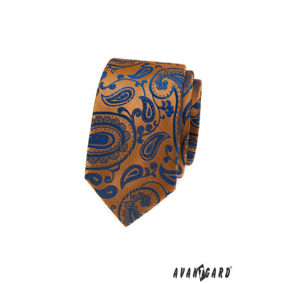 Оранжева вратовръзка със синя пейсли шарка