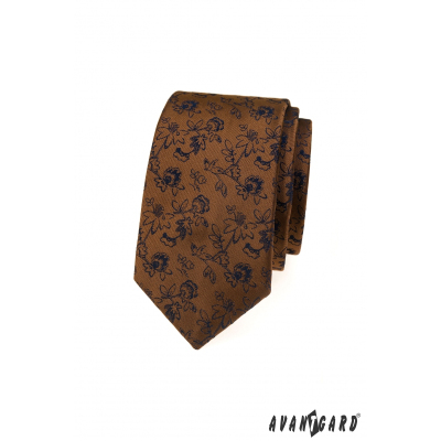 Кафява тясна вратовръзка с цветя