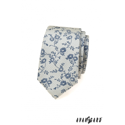 Сива вратовръзка със син флорален десен