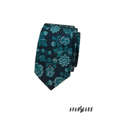 Синя тясна вратовръзка с мотив цветя