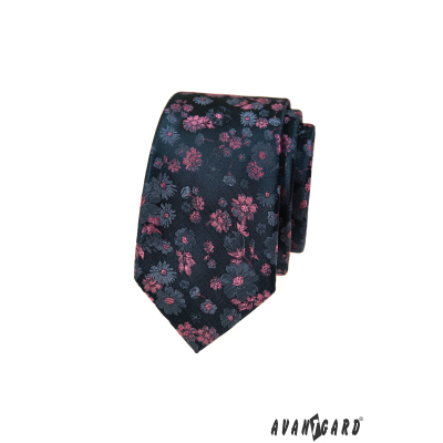 Синя тясна вратовръзка с розов десен