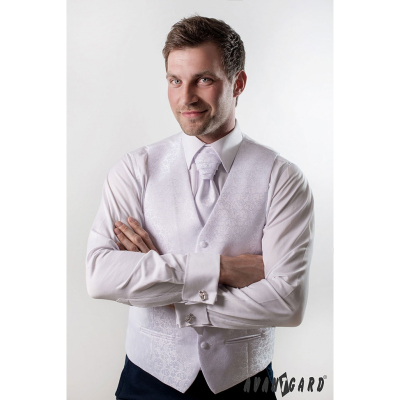 Мъжка сватбена жилетка с вратовръзка Бяла гланцова шарка