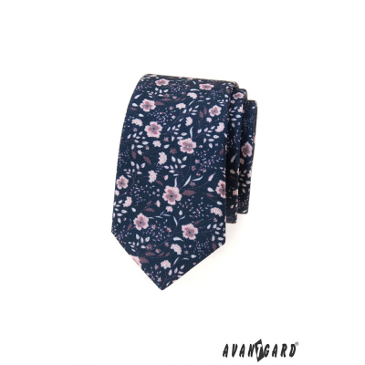 Синя тясна вратовръзка с розови цветя