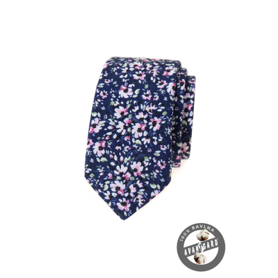 Тъмно синя тясна вратовръзка с розови цветя