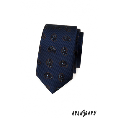Синя тясна вратовръзка с малка шарка пейсли