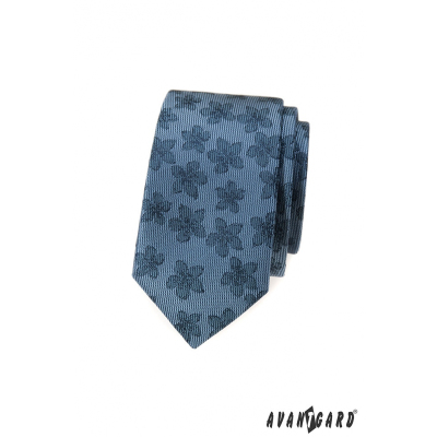 Синя тясна вратовръзка с тъмен флорален десен