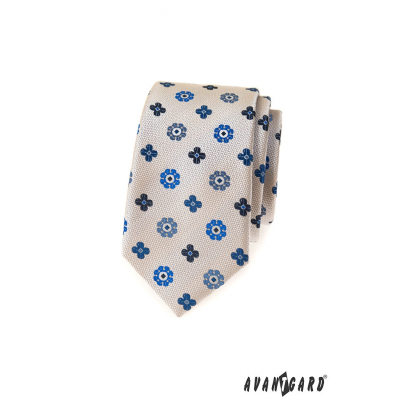 Бежова тясна вратовръзка със син десен