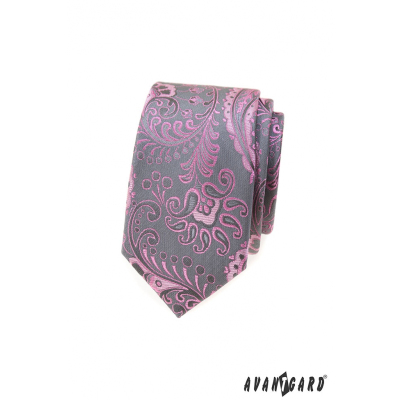 Сива тясна вратовръзка с розова шарка пейсли