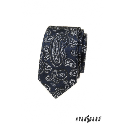 Тъмно синя тясна вратовръзка с мотив пейсли