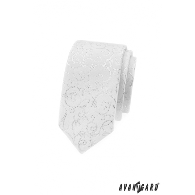 Бяла тясна вратовръзка със сребърни орнаменти