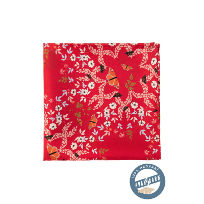 Копринена кърпичка с флорален и пеперуден десен - червена