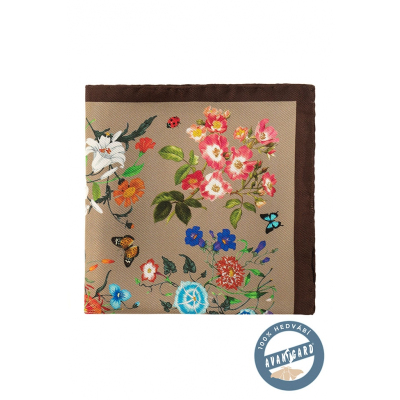 Бежово-кафява копринена кърпичка с цветя и пеперуди