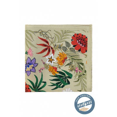 Маслинова копринена кърпичка с пъстри цветя