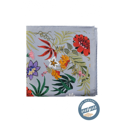 Копринена кърпичка с флорална бяло-сива коприна