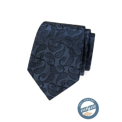 Синя копринена вратовръзка с шарка пейсли в подаръчна кутия
