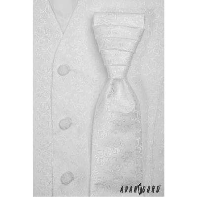 Бяла мъжка сватбена жилетка с вратовръзка, лъскава шарка