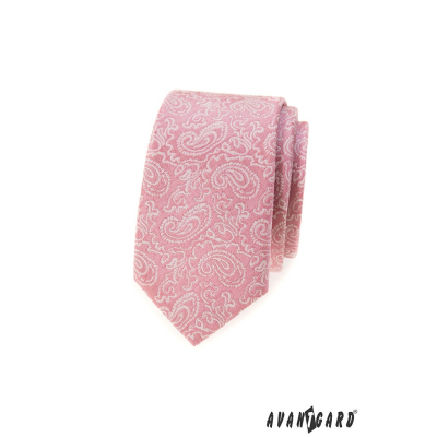 Пудра розова тясна вратовръзка с шарка Пейсли