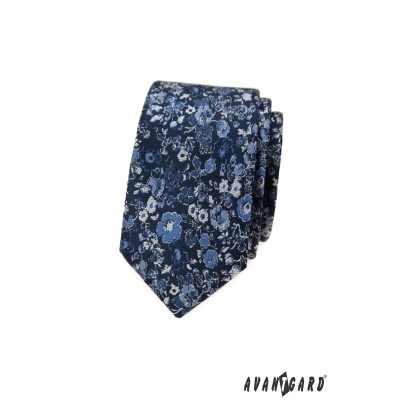 Тъмно синя тясна вратовръзка с флорален десен