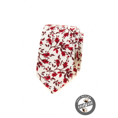 Бяла тясна вратовръзка с червени цветя