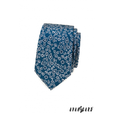 Синя тясна вратовръзка с флорален десен