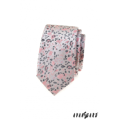 Луксозна сива тясна вратовръзка с розов десен