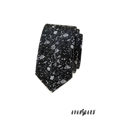 Черна тясна вратовръзка с флорален десен