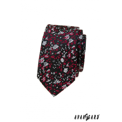 Черна тясна вратовръзка с червено-сив десен