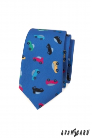 Синя тясна вратовръзка с цветни коли
