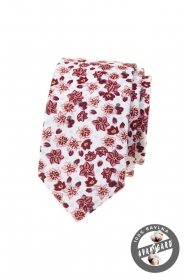 Тясна бяла вратовръзка с червени цветя