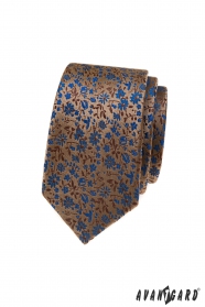 Кафява тънка вратовръзка с флорален десен