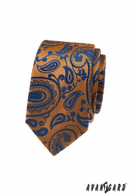 Оранжева вратовръзка със синя пейсли шарка