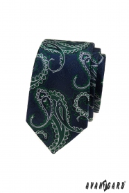 Синя тясна вратовръзка, зелен десен пейсли