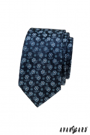Синя тясна вратовръзка с флорални мотиви