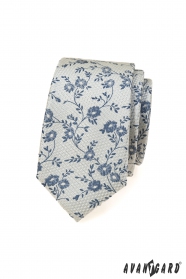 Сива вратовръзка със син флорален десен