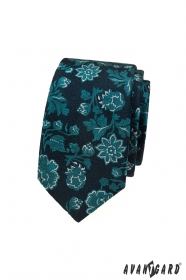 Синя тясна вратовръзка с мотив цветя