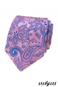 Розова вратовръзка със синя шарка пейсли