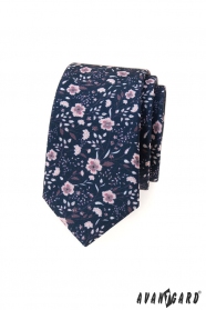 Синя тясна вратовръзка с розови цветя