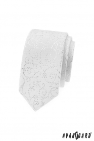 Бяла тясна вратовръзка със сребърни орнаменти