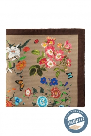 Бежово-кафява копринена кърпичка с цветя и пеперуди