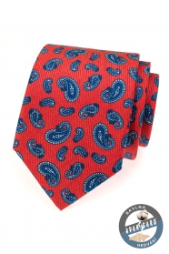 Червена копринена вратовръзка със сини мотиви на пейсли