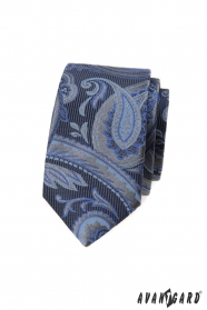 Синя тясна вратовръзка с модерен десен