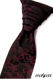 Черна сватбена вратовръзка с орнаменти от цвят фуксия