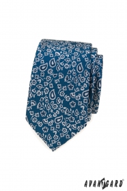 Синя тясна вратовръзка с флорален десен