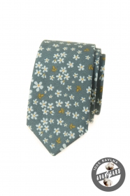Маслиненозелена тясна вратовръзка с флорален мотив