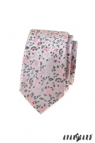 Луксозна сива тясна вратовръзка с розов десен