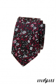 Черна тясна вратовръзка с червено-сив десен